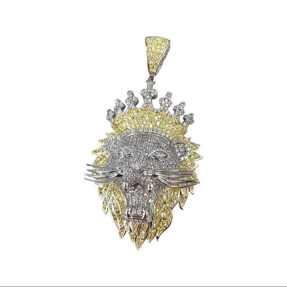 Silver Micro Pave Cubic Zirconia Lion Head With Crown Pendant